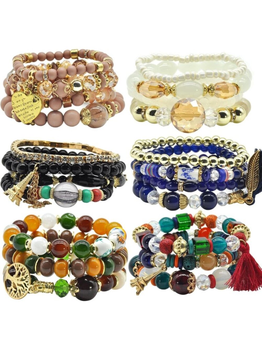 Bohemian Stackable Bracelet Sets - 6 Multi-Color Stretch Boho Jewelry for Women